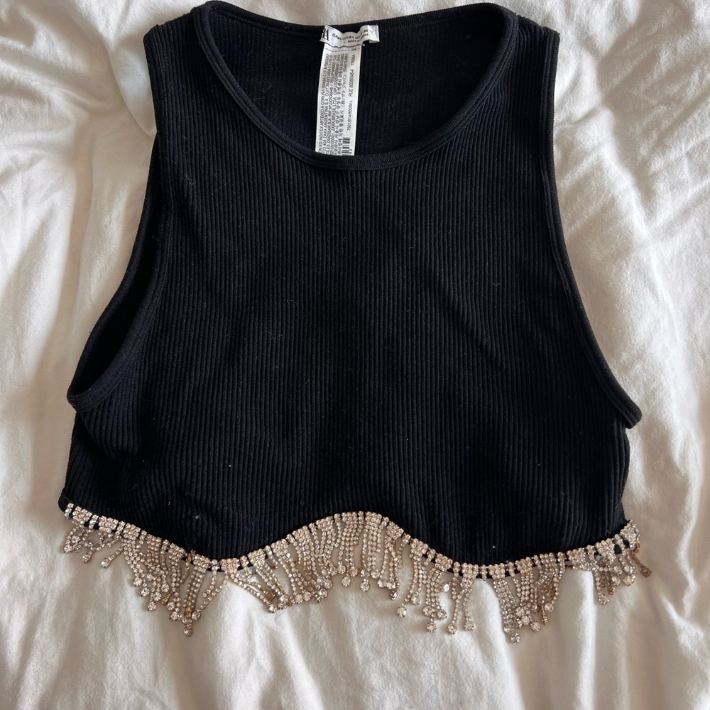 Black Sleeveless Top with Beaded Hem
